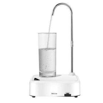 Dispenser / Pompa Apa portabila automata, montare pe Mobila, Birou, Masa, in Terasa, Bucatarie, Camping, alimentare din orice Bidon, Acumulator, Autonomie pana la 30 zile, Incarcare USB, Alb