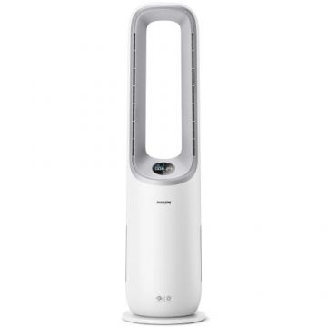 Purificator de aer si ventilator 2-in-1 Philips AMF765/10, CADR 270 mc/h, filtru HEPA si carbon activ, AeraSense, 10 setari de turatie, Conectat la aplicatia Air+, AI , Mod nocturn, Alb