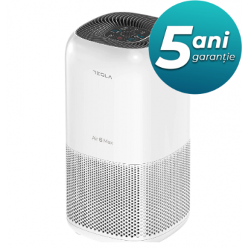 Purificator de aer Tesla Air6 MAX, CADR 400 m3/h, Wi-Fi, Senzor calitate aer, Sleep Mode, Timer, Filtru HEPA+Carbon Activ+Catalyst, Lumina UV-C, Alb